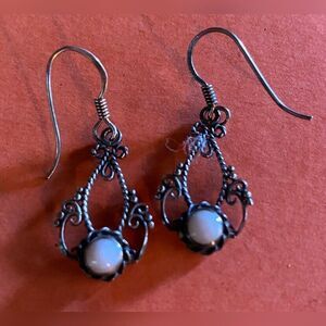 Women’s Earrings Silver Scroll Dangle White Stone Pierced